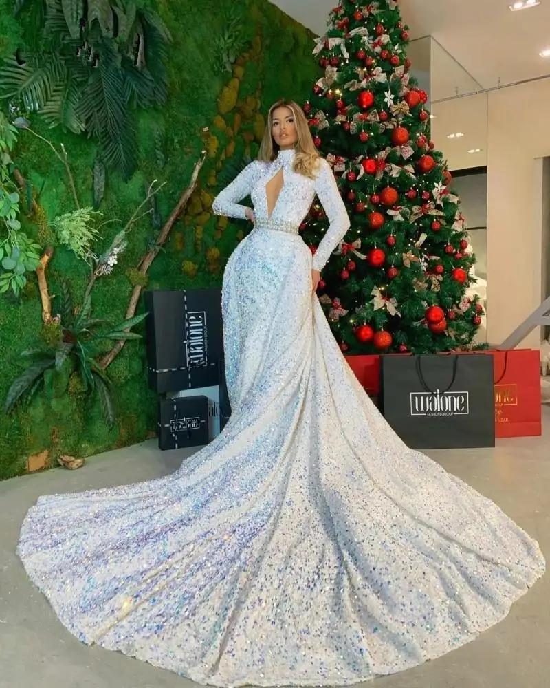 

Stunning Sequin Evening Dresses With Detachable High Neck Long Sleeves Prom Dress For Women Open Back Party Pageant Wear