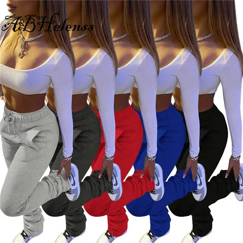 

A&BHelenss Thick Sweatpants Trousers Stacked Pants Women Solid High Waist Drawstring Bell Bottom Flare Pleated Casual Pants