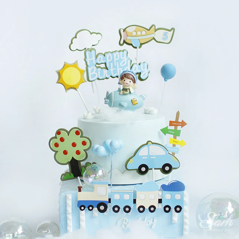 

Cake toppers Sun Train Fighter Windmill Pilot Girl Boy Happy Birthday Cake Topper for Baking Suplies Party Decoration Kid Gifts