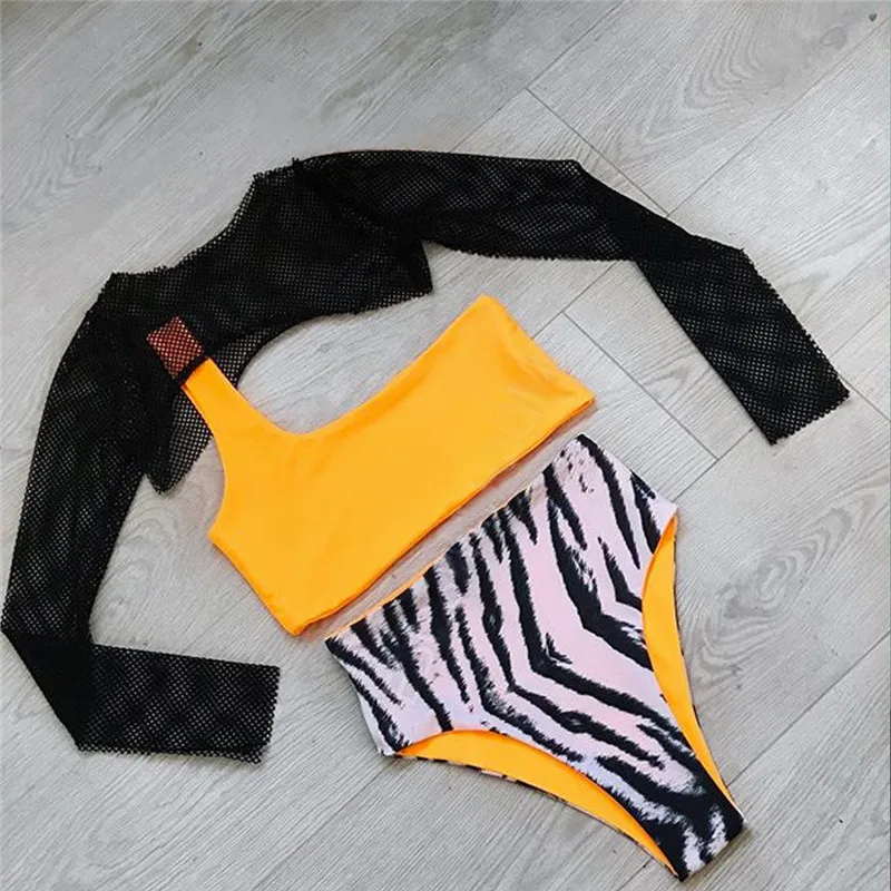 Mesh long sleeve swimsuit female One shoulder swimwear women High waist bikini set Zebra print bathing suit Sexy biquini