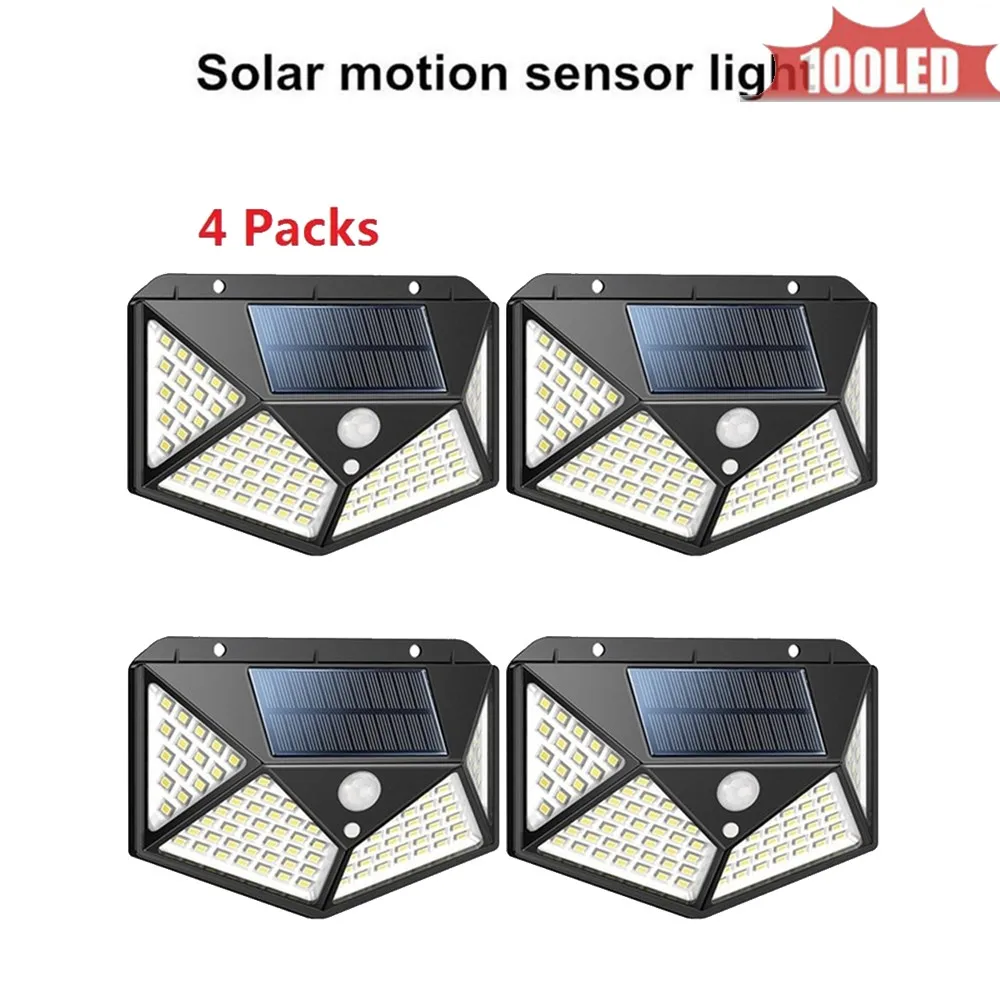 

100LED PIR Solar Powered Outdoor Motion Sensor Security Light Ip65 Waterproof & Heatproof Garden Wall Lighting Lamp (Black) 4 si