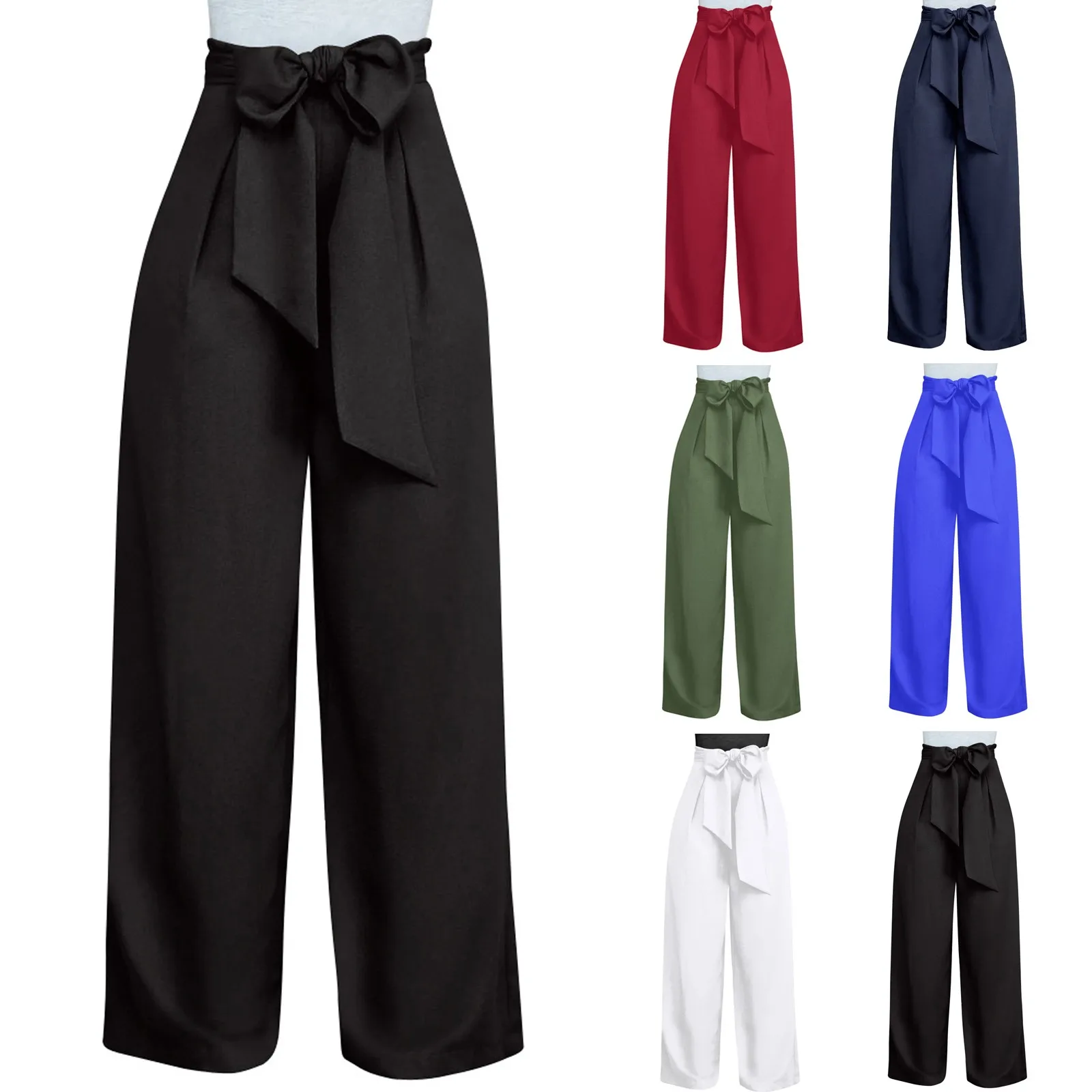 

Women Casual Loose Palazzo Pants High Waist Wide Leg Pants Trousers with Belt Autumn Solid Elegant Office Ladies Trousers