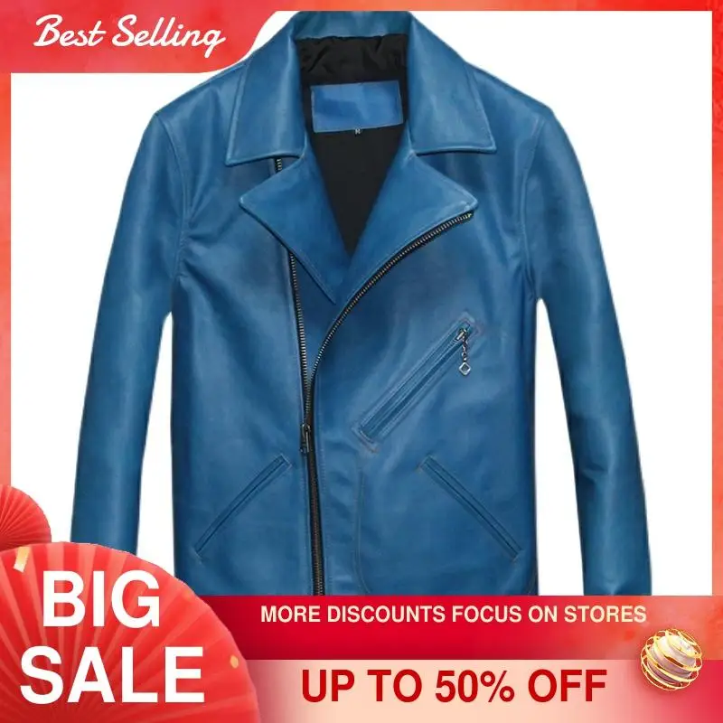 

2021 Blue Europe Motorcycle Style Genuine Leather Jacket Men Large Size 3XL Real Natural Cowhide Autumn Slim Fit Biker Coat
