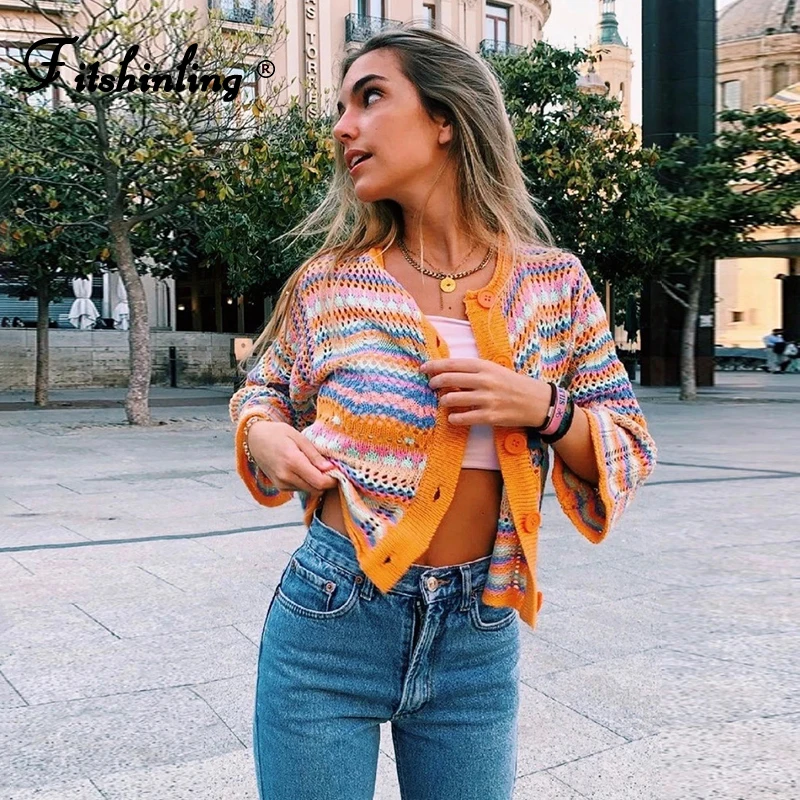 

Fitshinling Bohemian Cardigan Sweater Women Buttons Up Hollow Out Sexy Slim Jacket Female Autumn Striped Colorful Outerwear New