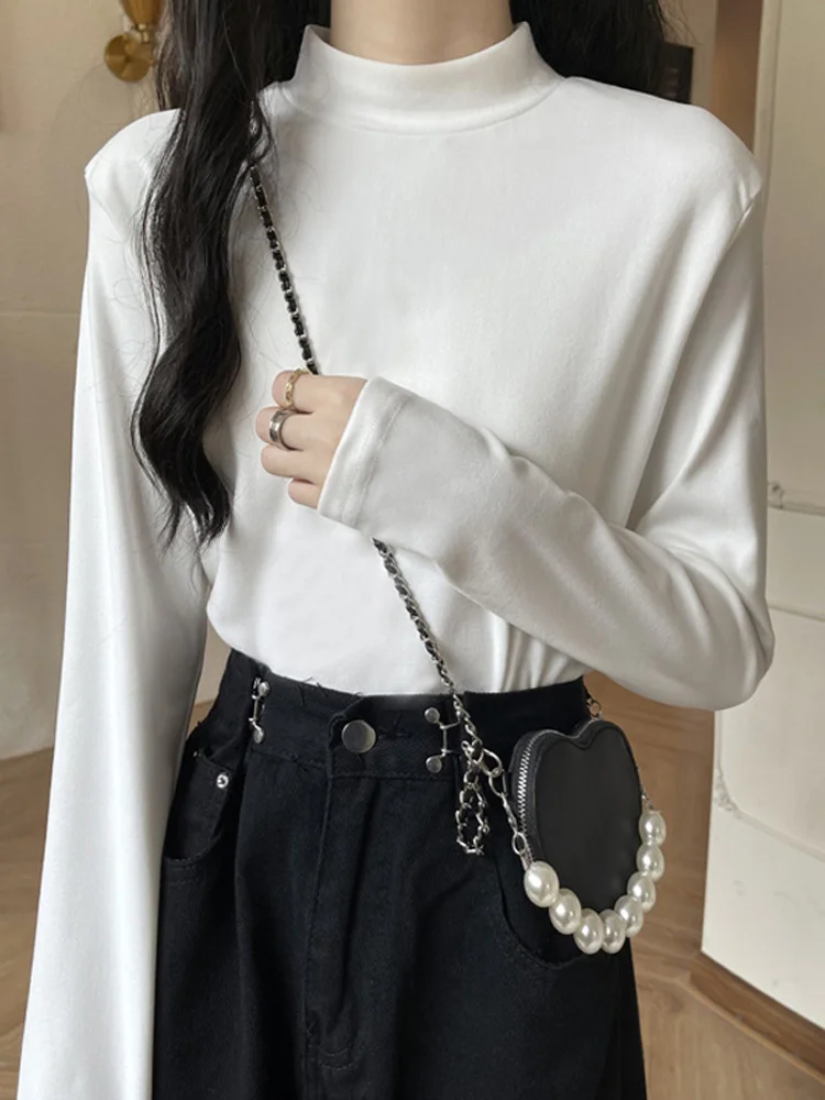 

Белая блузка с полувысоким воротником, женская одежда с длинным рукавом, новая мода 2021