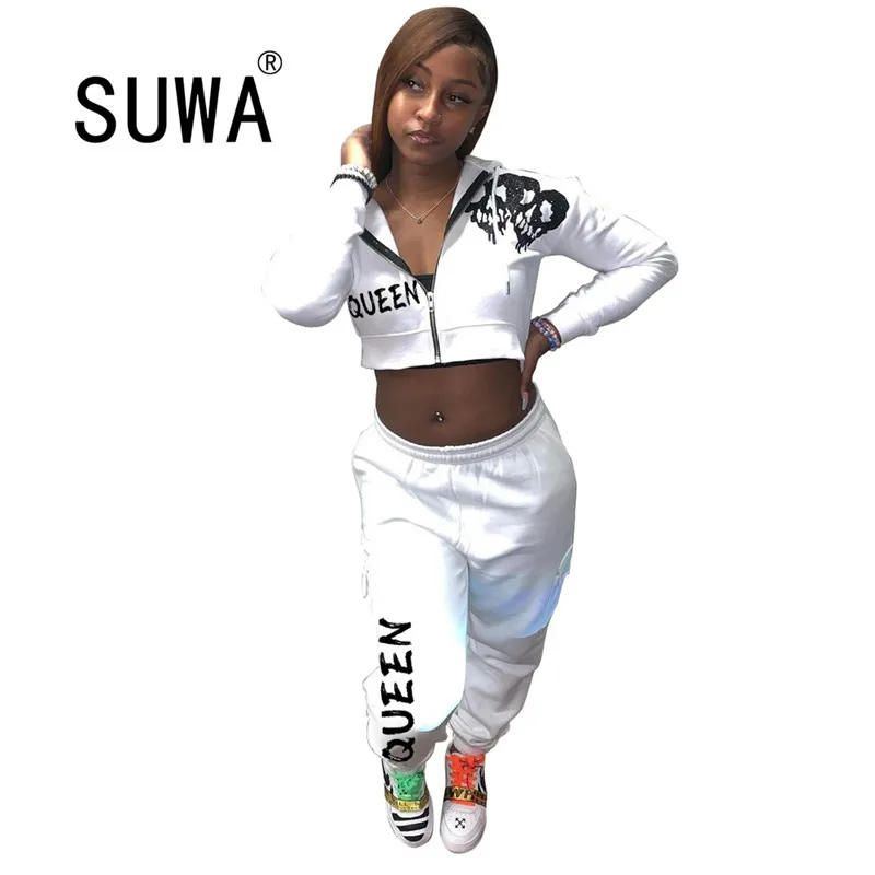 

INS Hot Recommend Style QUEEN Letter Print Tracksuit Matching Sets For Women Two Piece Sets Jacket Top Baggy Pants Sweatpants
