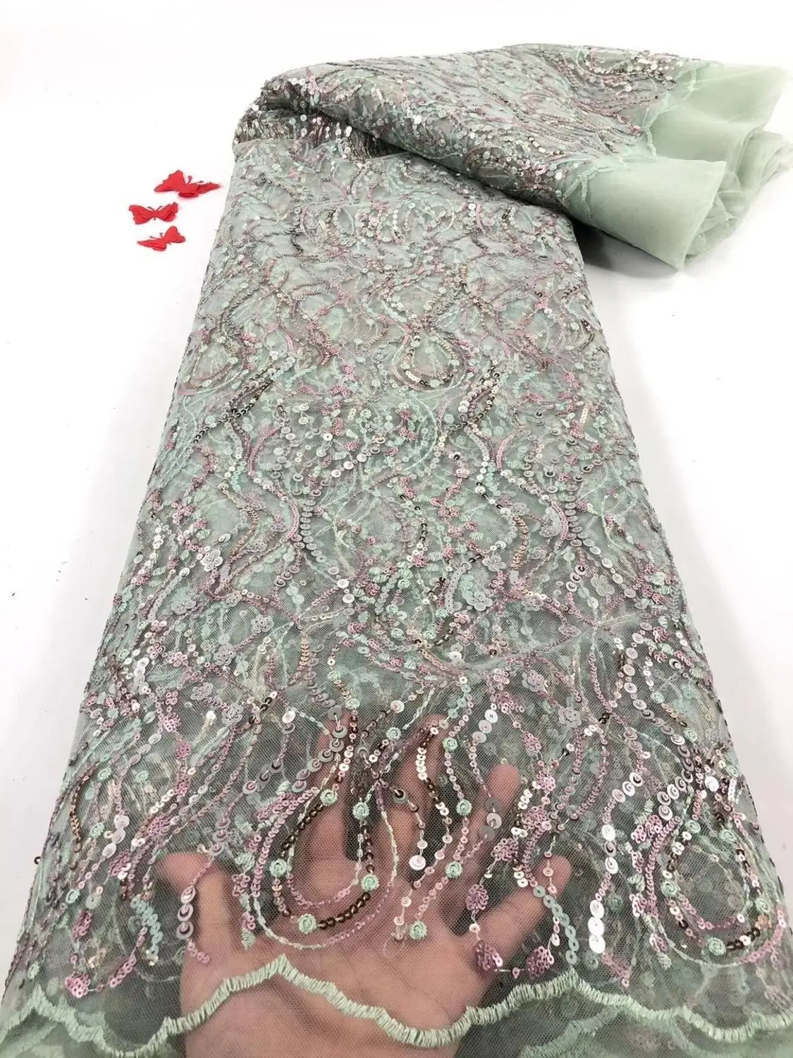 (5 ярдов/шт) нежное вышитое блестками Сетчатое кружево модное Мятное зеленое