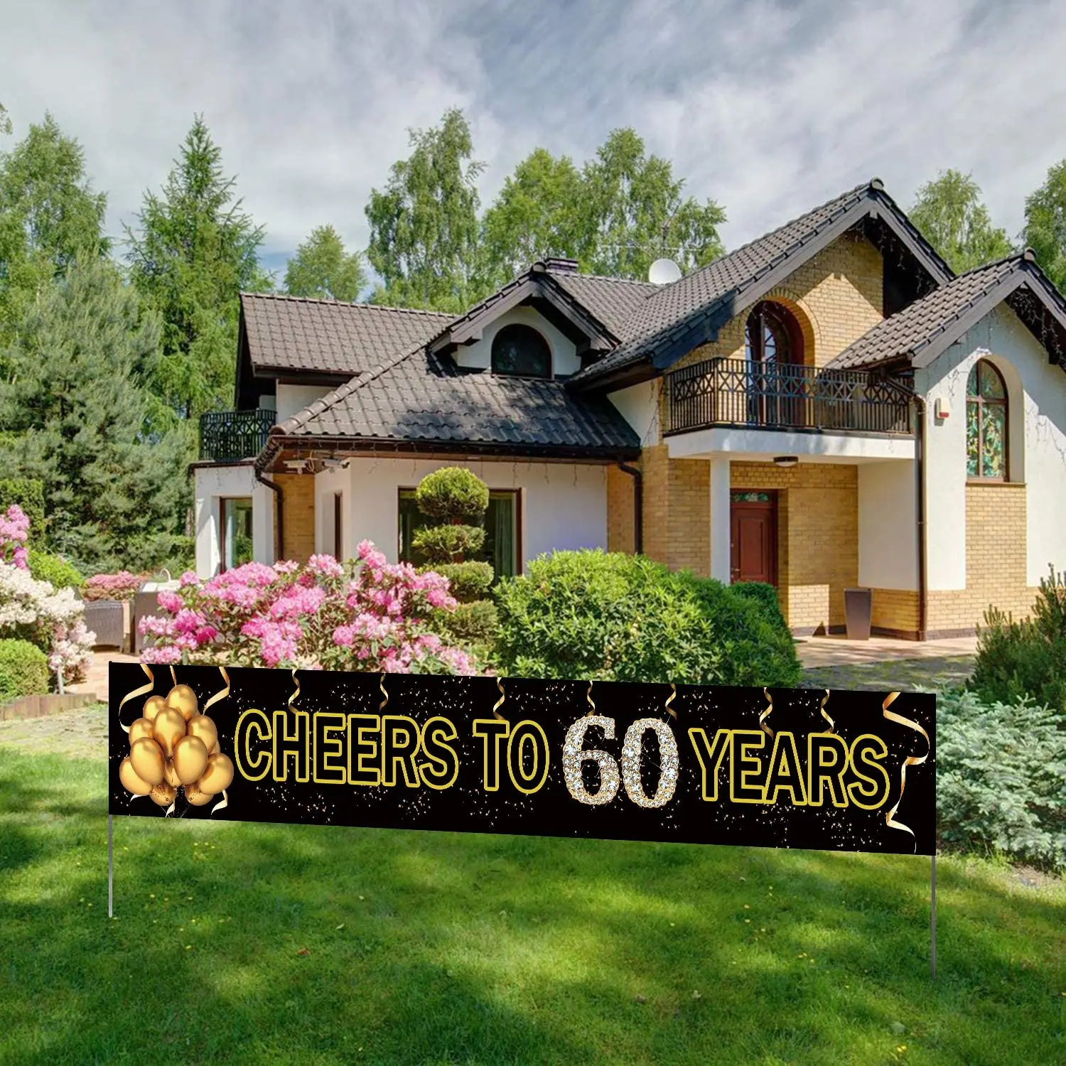 

Large Cheers to 60 Years Banner, Black Gold 60 Anniversary Party Sign, 60th Happy Birthday Banner