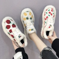 winter new wear net red hair shoes female non slip plus velvet strawberry color lace lamb hair casual shoes