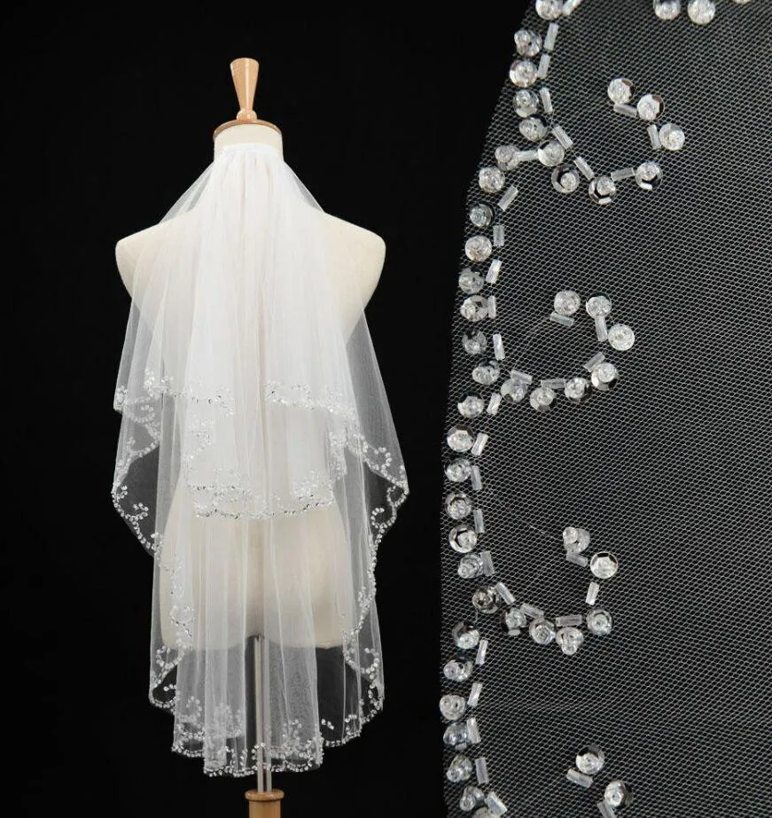 

Real Photos Two-Layer Short Tulle Bridal Veils Beaded Sequins Edge Wedding Party Women Hair Veil Accessories