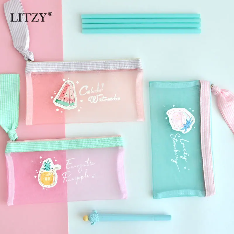 Прозрачный Сетчатый Чехол карандаш для школьников поставка фруктов арбуза ручка