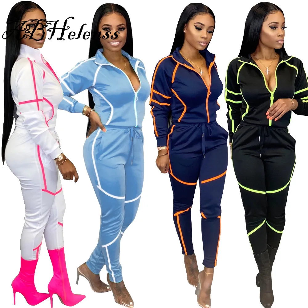 

A&BHelenss Color Patchwork Jogger Sportswear Suit Turn Down Collar Zipper Long Sleeve Top Pants Tracksuit Casual Two Pieces Set