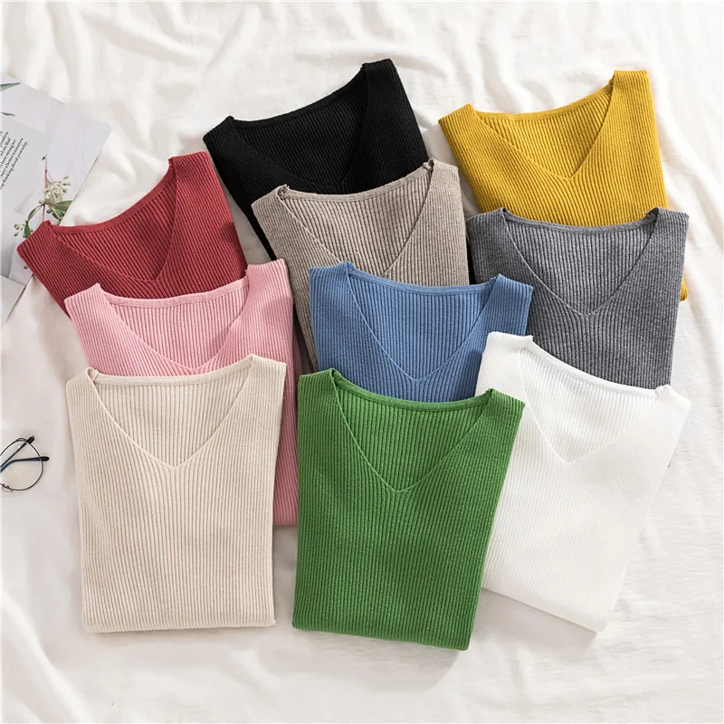 Пуловер женский трикотажный с V-образным вырезом на осень/зиму | Женская одежда