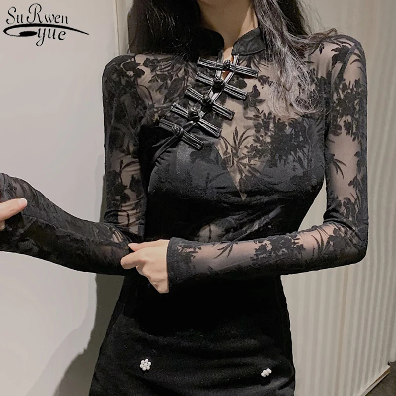 

2021 New Vintage See Through Lace Women's Shirt Long Sleeve Slim Chinese Style Turtleneck Black Sexy Blouses Top for Women 11350