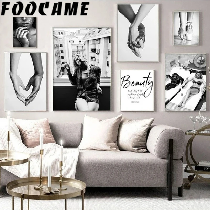 

Girl Sexy Fashion Hold Hands Smoke Nordic Canvas Print Photography Painting Poster Black and White Pictures Art Wall Home Decor