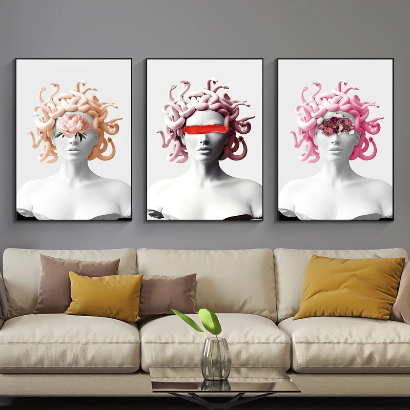 

Abstract Sculpture Medusa Figure Canvas Painting Snake Head Woman Nordic Retro Poster Prints Wall Art Picture Home Decor Cuadros