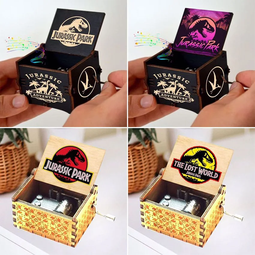 2022 Wholesale Wooden Jurassic Park Music Box A Lot Of themes Merry Christmas My Heart Will Go On Queen Birthday Halloween Gift