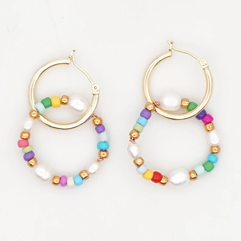 

YASTYT Earrings For Women Freshwater Pearl Beads Ear Ring Summer Jewelry Stainless Steel Circle Handmade Pendientes Circulares