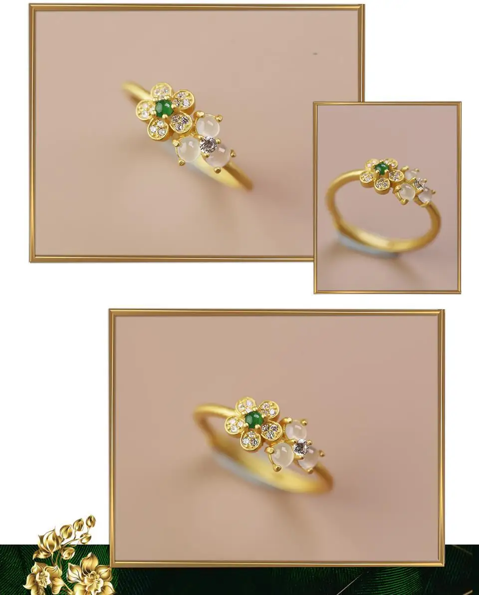 

Original new ice type chalcedony diamond flower egg round opening adjustable ring noble luxury charm female silver jewelry