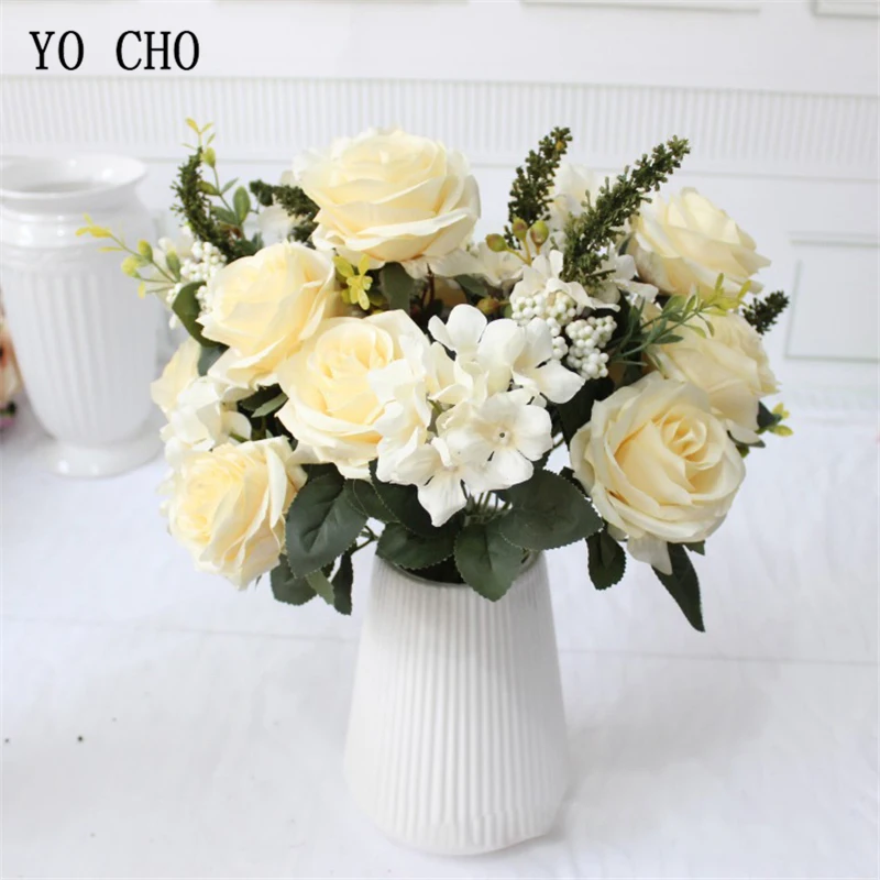 Искусственные розы 10 головок белые шелковые гортензии цветок Шелковый букет