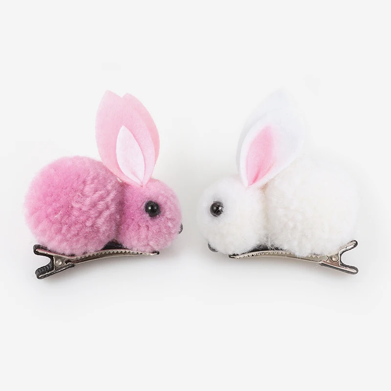 Pink and white Cимпатичный пушистый шарик заколка для волос с кроликом для девочек, плюшевый кролик уши зажим для волос 3D плюшевый кролик аксессуары для волос в Корейском стиле простое украшение для волос, для девочки - Цвет: Pink and white