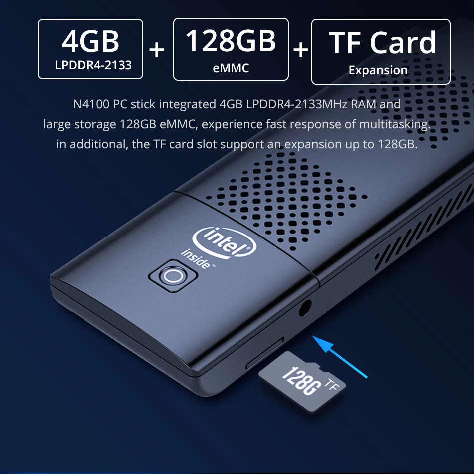 Verkauf Mini PC Stick Intel N4100 4GB LPDDR4 128GB EMMC 5,1 Windows 10 Linux HDMI 2,0 4K 60hz 2,4G/5,0G AC WiFi Bluetooth 4,2 2xUSB 3,0