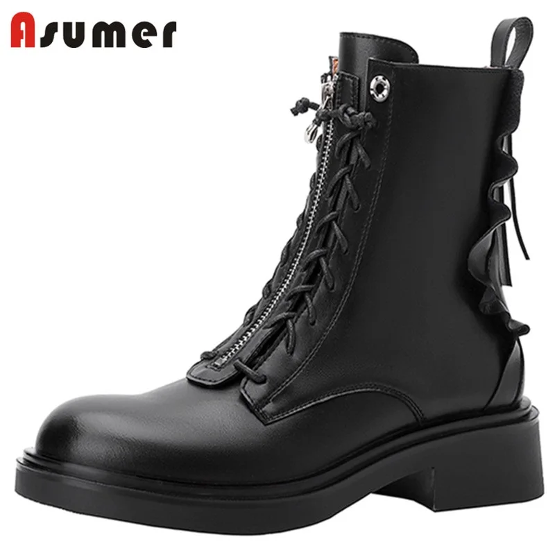 

Asumer 2022 Genuine Leather Shoes Square Heels Zipper Women Boots Winter Platform Ankle Boots Hand Made Concise Fashion Boots