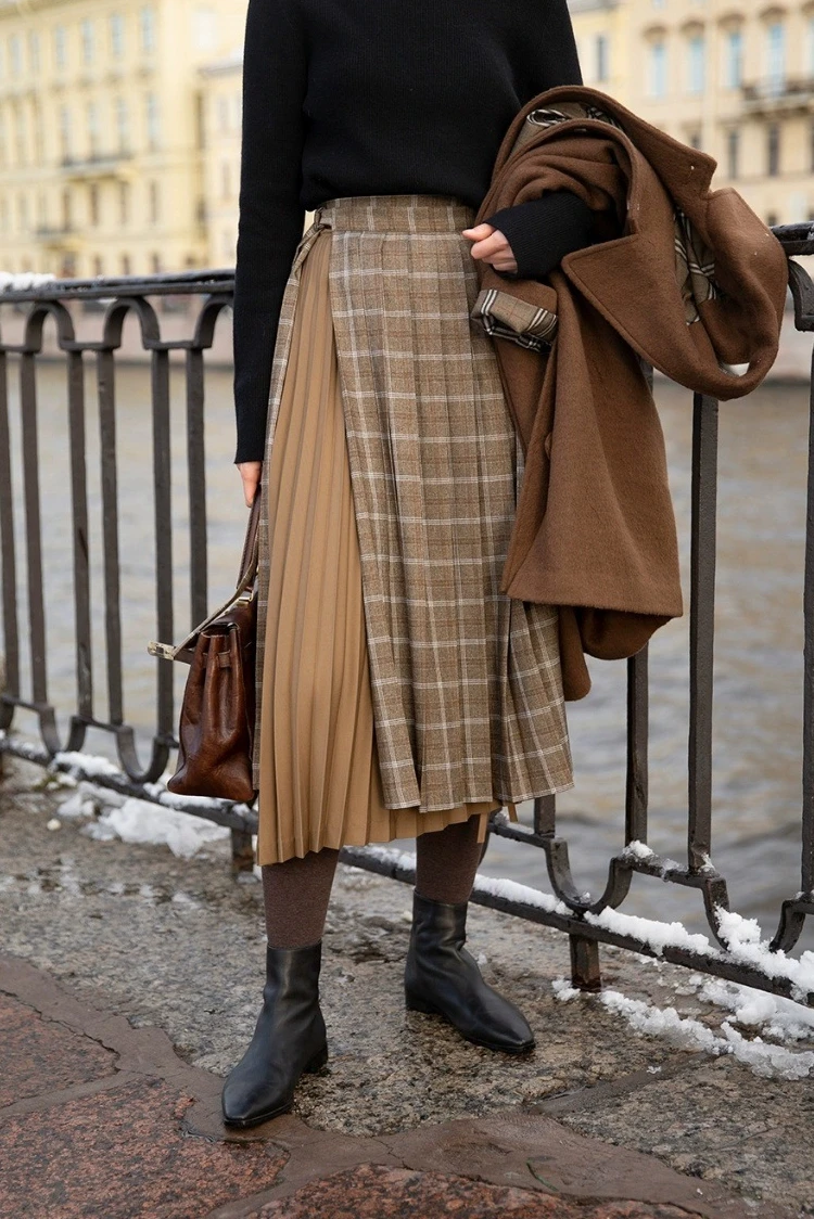 

QTANG British Style Plaid Women Long Pleated Skirt High Waist Winter Autumn New Chic Vintage Ladies Bottom