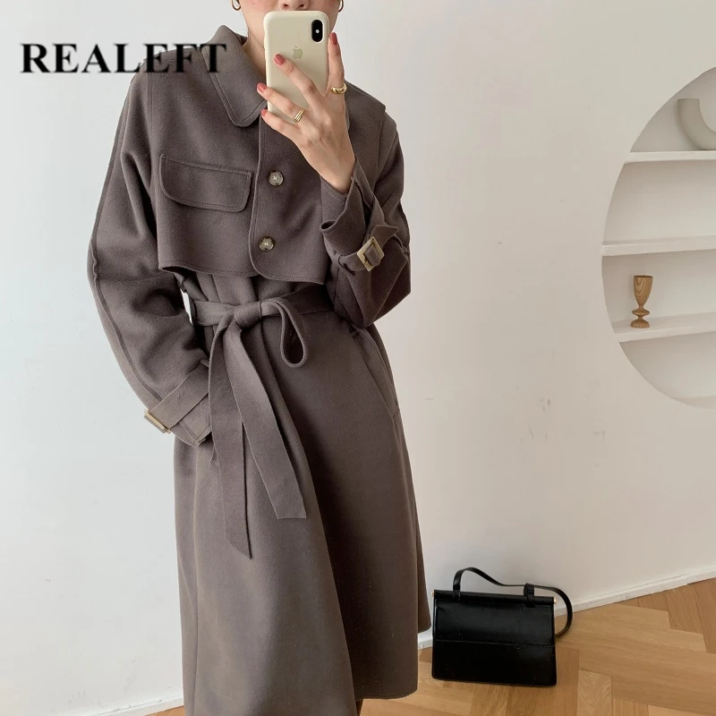 

REALEFT, замшевый минималистичный Женский Длинный плащ с жилетом, Классическая однобортная свободная ветровка с поясом, верхняя одежда в Корей...