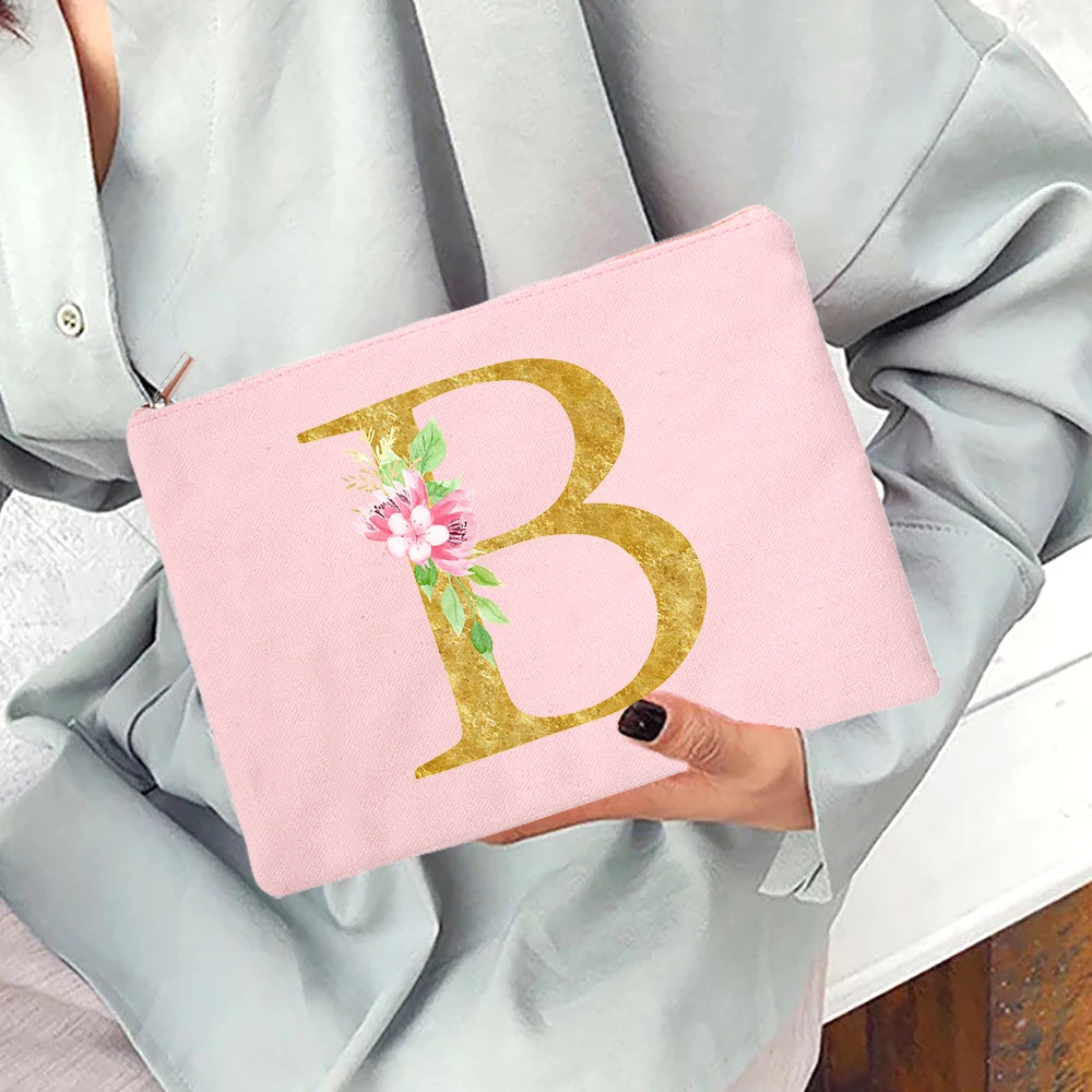 

Flowers Gold Alphabet Women Canvas Cosmetic Tote Cases Bags MakeUp Purse Toiletry Wash Handbag Organizer Female Fashion Gifts