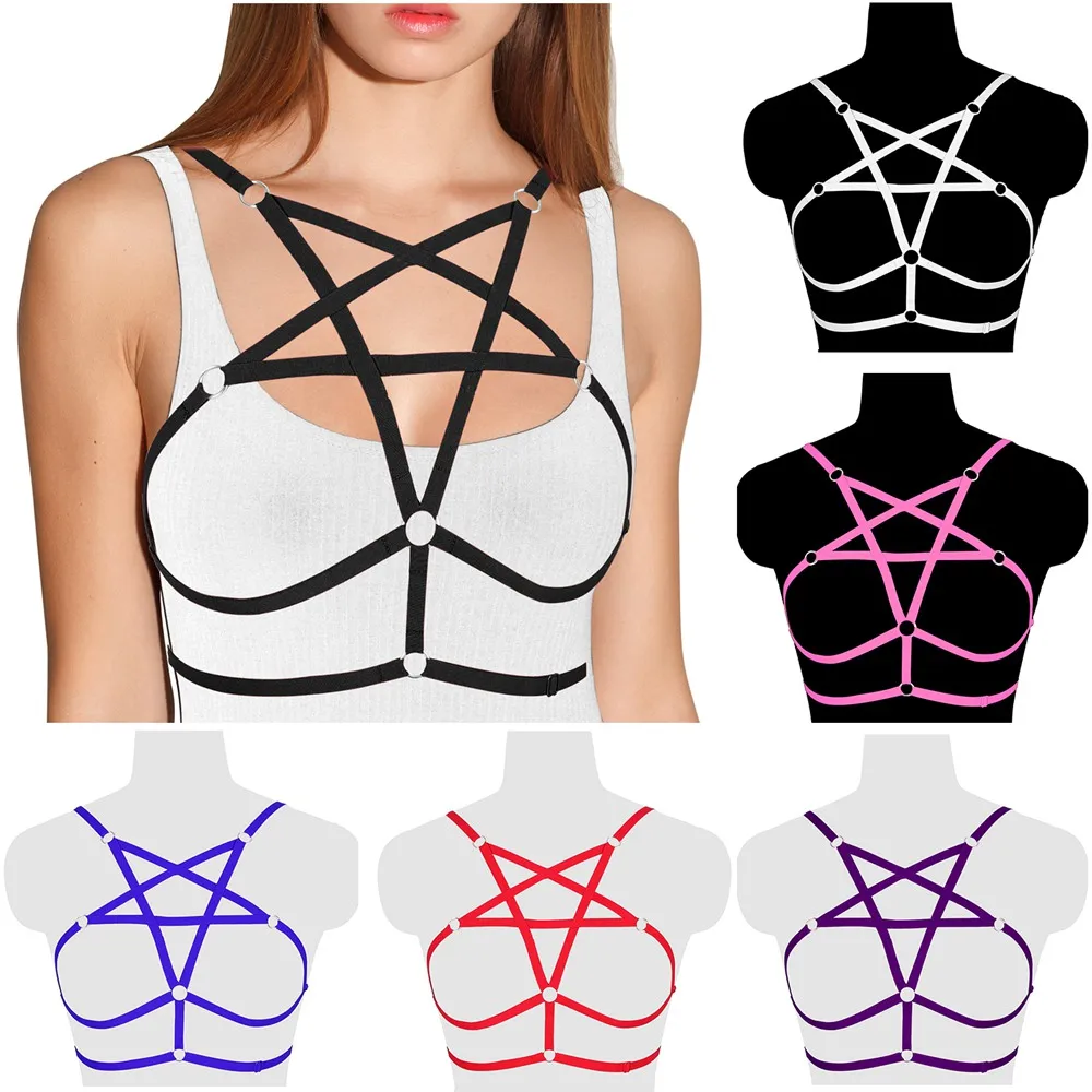 

Pentagram Harness Erotic Lingerie Cage Bra Women's Sexy Bondage Handmade Cupless Goth Crop Top Underwear Night Club Costume