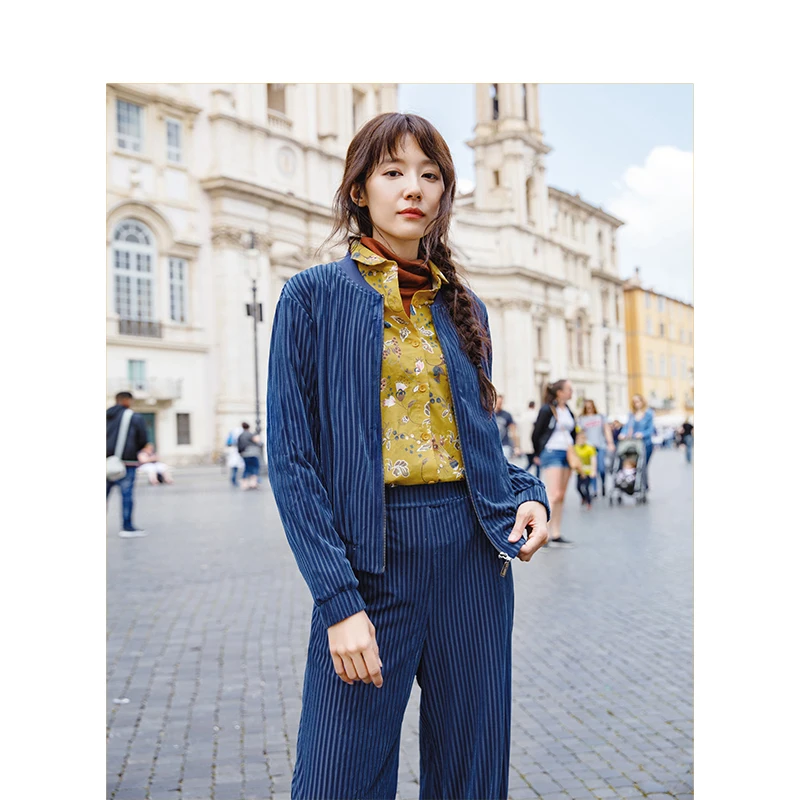 Весенне-осенний женский однотонный костюм из спандекса INAMN с длинными брюками на