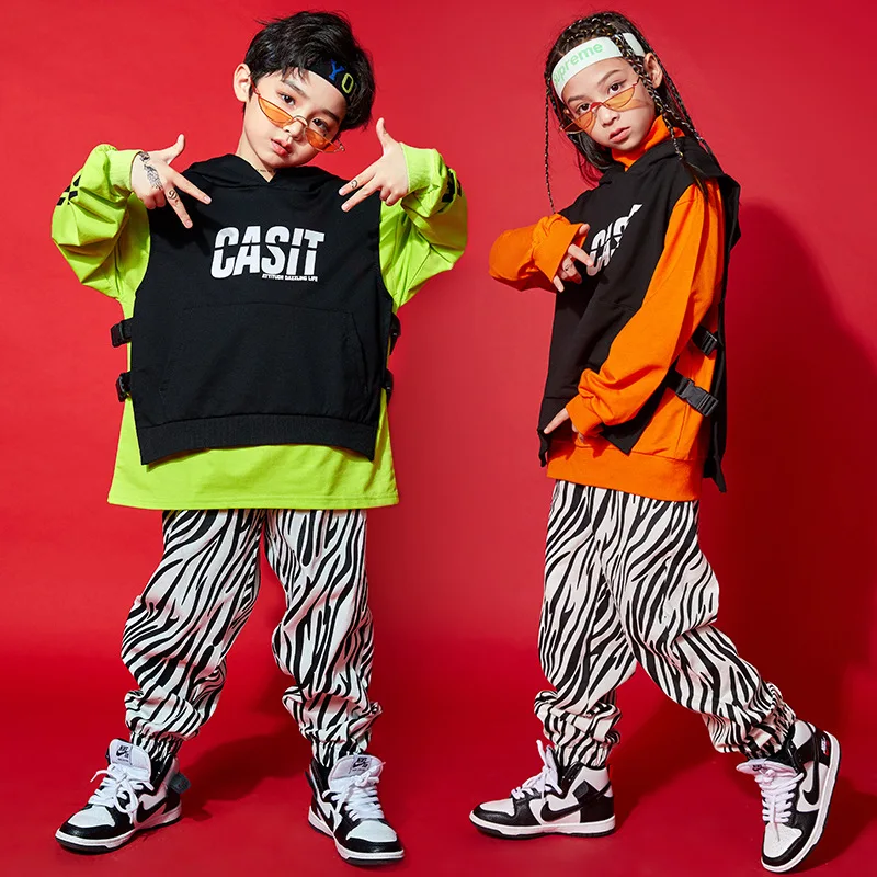 

Boys Hip Hop Girls Hooded Vest Striped Jogger Pants Child Jazz Sweatshirt Street Dance Pullover Kids Costume Teens Sport Outwear