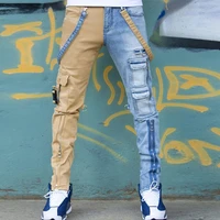 2022 new khaki denim blue personalized color blocking washed jeans mens straight pants zipper tooling jeans