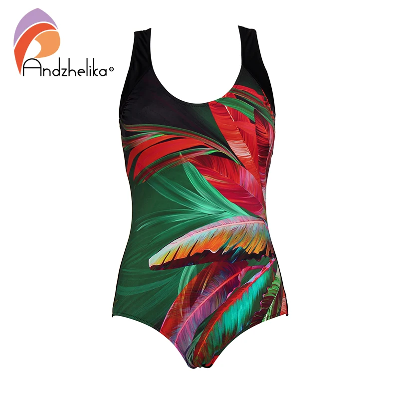 

Andzhelika Leaves Print One-Piece Swimsuit 2022 Summer Women M-4XL Plus Size Swimwear Bodysuit Beach Bathing Suit Monokini