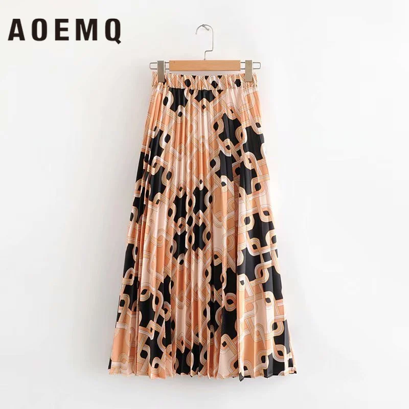 AOEMQ Skirts Women Chiffon Floral Style Beach Skirt Female With Folds High Waist Elasticity Streetwear | Женская одежда