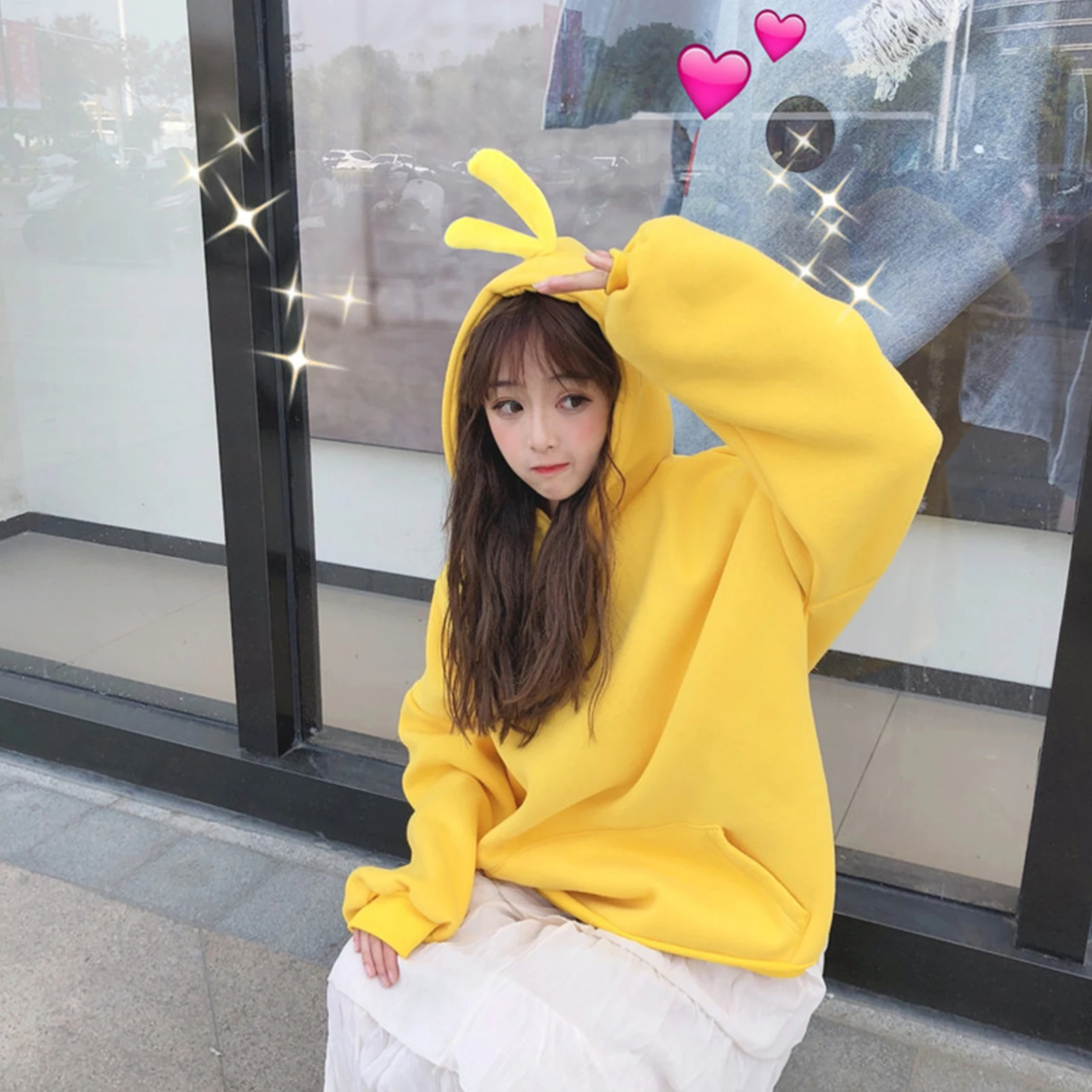 Women Cartoon Hood Long Sleeve Solid Color Hoodie Autumn Winter Plush Sweatshirt 2XL Female Oversize Warm Pullover