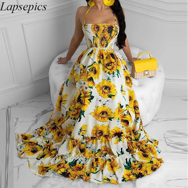 

Summer Sunflower Print Bohemian Dress Sexy Backless Bandage Sleeveless Long Dress Maxi Dresses for Women
