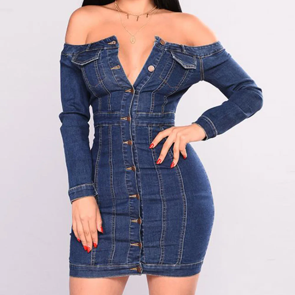 Платье женское джинсовое с открытыми плечами пикантное облегающее однобортное