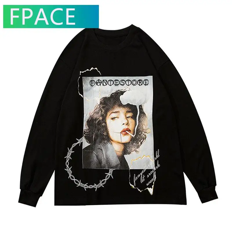 

FPACE Tshirts Streetwear Hip Hop Funny Graffiti Poster Print Long Sleeve Tees Shirts Mens Harajuku Fashion Casual Cotton Tops