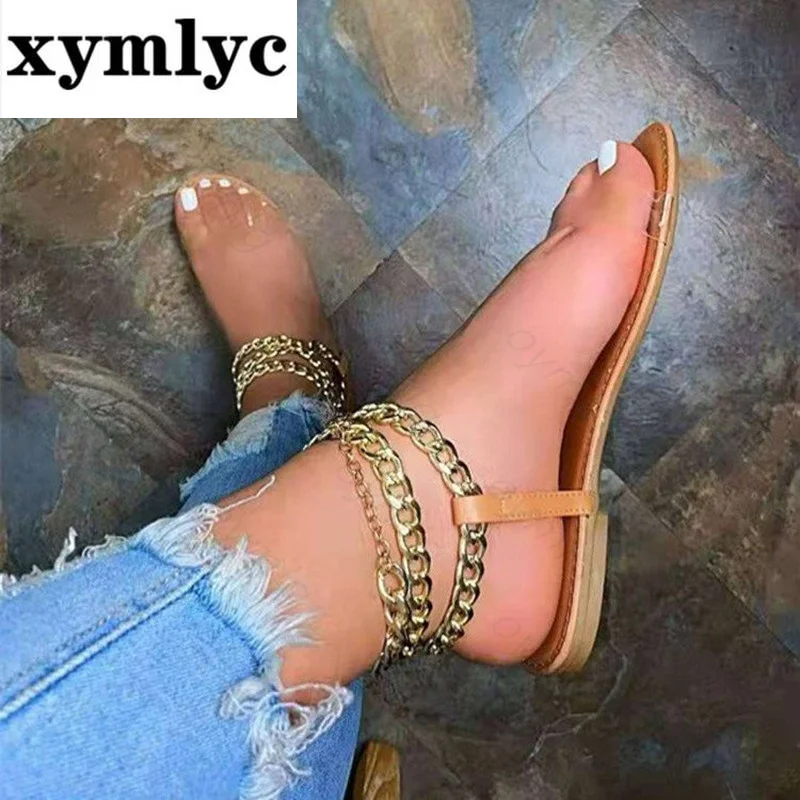 

2021 Summer New Style Flat Sandals Fashion Solid Color Chain Open Toe Outdoor Women's Shoes Plus Size 43