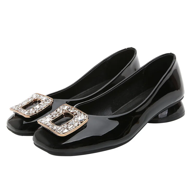 

2020 Office Japanned Leather Loafers Women Espadrilles Ballerina Thick Heels Shoes Women Crystal Buckle Flats Women Large