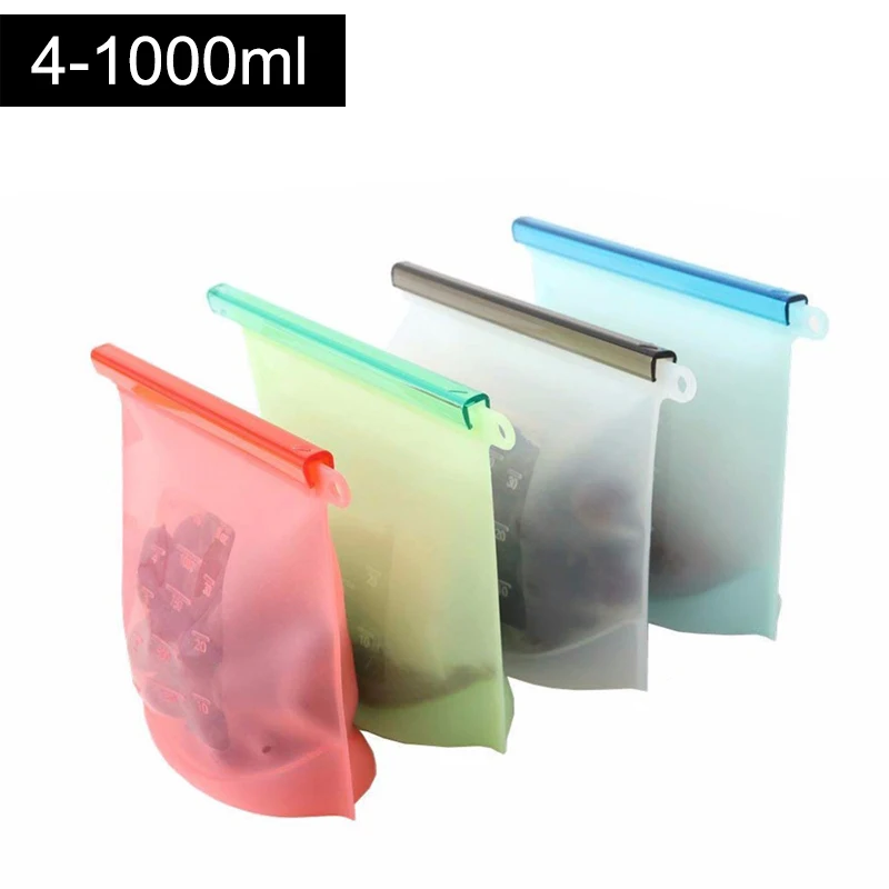 4-1000ml 1000/1500 мл силиконовый мешок для хранения Многоразовые силиконовые пакеты для хранения продуктов для пищевых уплотнений Ziplock морозильная камера для приготовления пищи свежие пакеты - Цвет: 4-1000ml