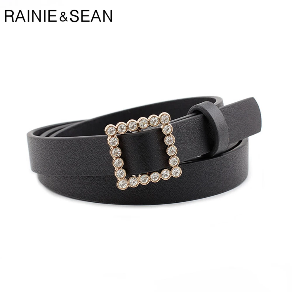 Renie SEAN, стразы, ремень с пряжкой, без отверстий, для женщин, модный однотонный ремень для брюк, черный, розовый, красный, фиолетовый, женский тонкий ремень, 107 см