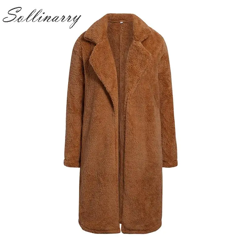 Sollinarry модные длинные пальто из искусственного меха для женщин 2019 однотонные