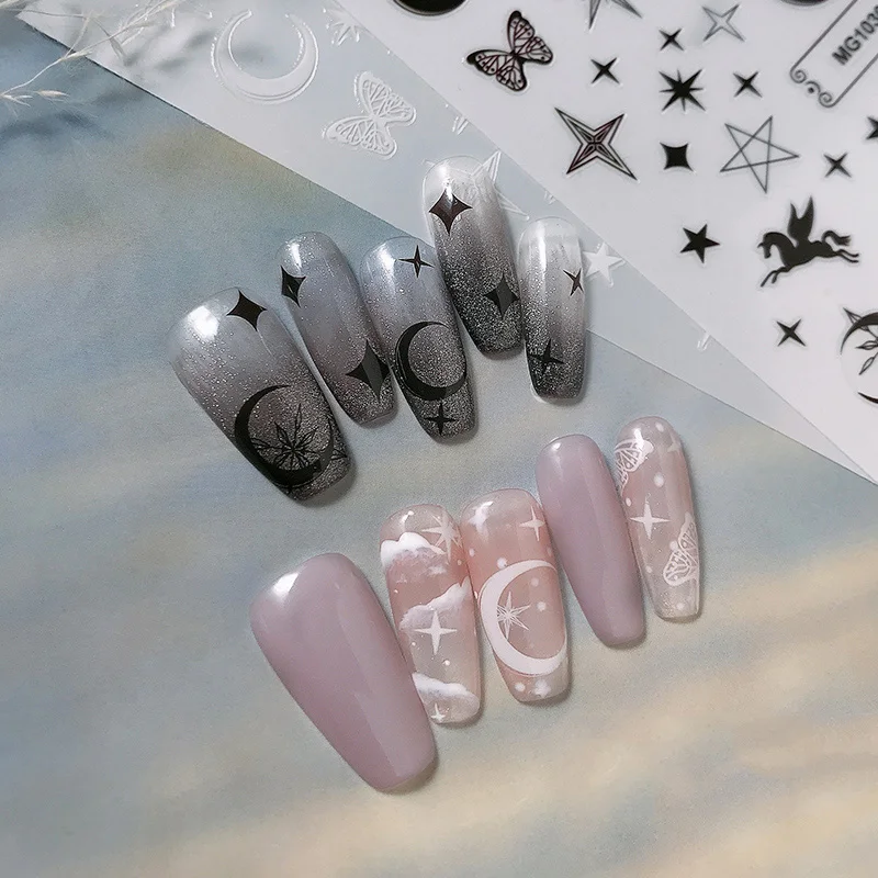 

2021 New 3D Nail Art Stickers Bohemia Black& White Moon Star Image Nails Stickers for Nails Sticker Decorations Manicure Z0402