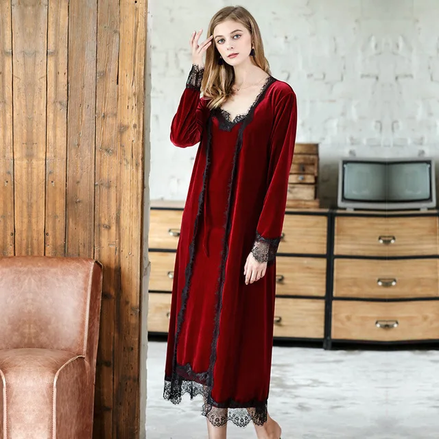 

Ladies Velvet Kimono Robe Winter Bathrobe Long Night Robe Lace Dressing Gown For Women