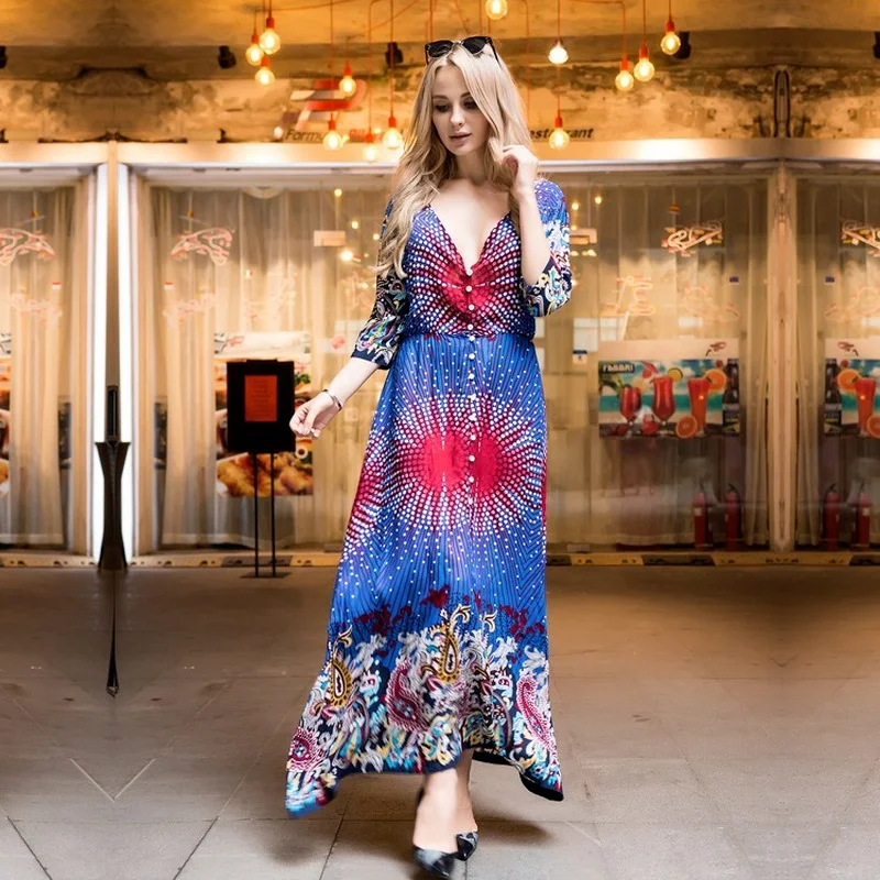 

Женское платье с принтом Lugentolo, Летнее Длинное Платье трапециевидной формы с эластичной талией, V-образным вырезом и широким подолом