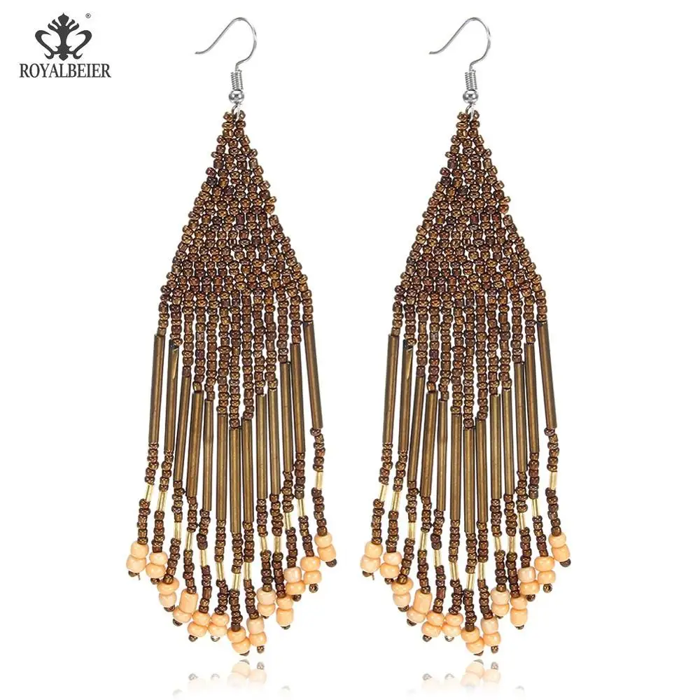 Bohemian earrings16 ROYALBEIER богемные длинные кисточки акриловые перо форма бисера Кулон Серьги Свадебная вечеринка очаровательные ювелирные изделия серьги - Окраска металла: Bohemian earrings16