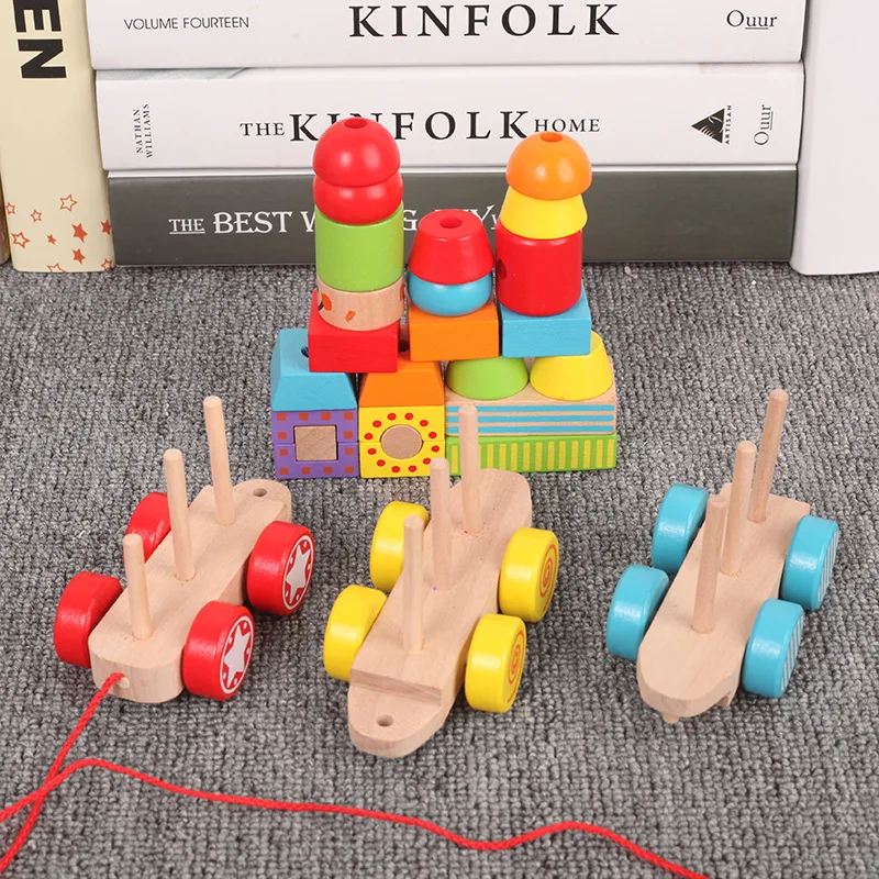 Детский Деревянный конструктор цветной маленький поезд для раннего развития